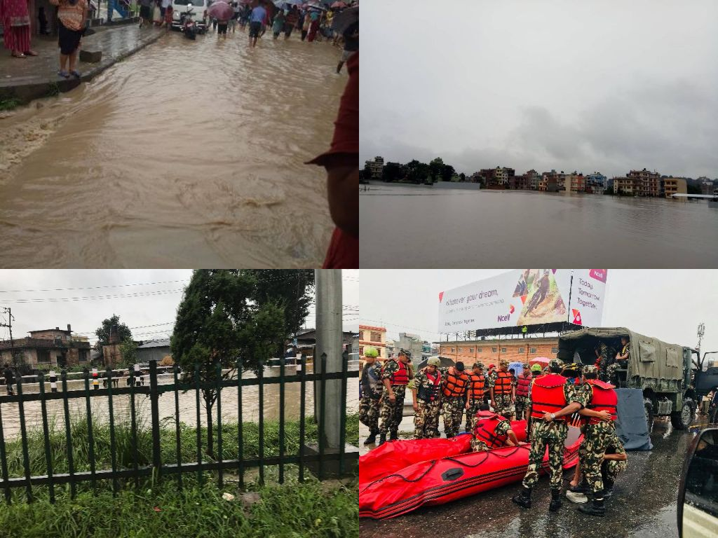 जलमग्न भक्तपुरः बाढीले घरमै थुनिएकाहरुको उद्दारमा डुंगासहितको सेनाको टोली परिचालित