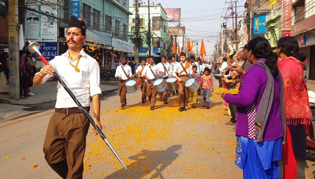 वीरगंजमा हिन्दू स्वयंसेवक संघको राष्ट्रिय सम्मेलन, बाजागाजासहित नगरक्षेत्रमा मार्चपास