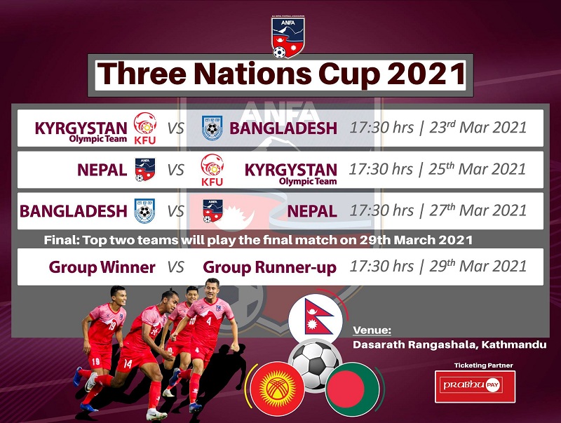 त्रिदेशीय फुटबल प्रतियोगिताको तालिका सार्वजनिक, दशरथ रंगशालामा नेपालले १२ गते कीर्गिस्तानसँग प्रतिस्पर्धा गर्ने