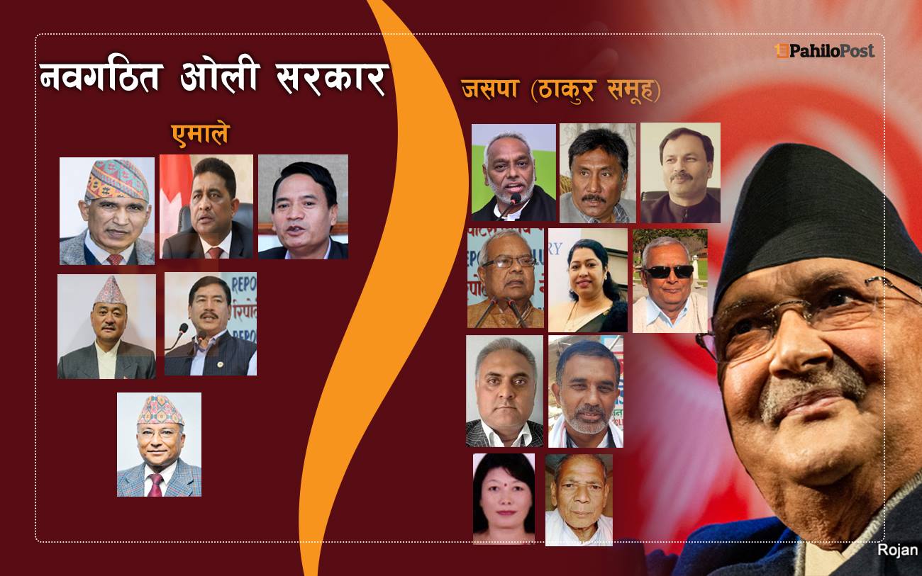 कामचलाउ प्रधानमन्त्री ओलीले गरे मन्त्रीमण्डल पुनर्गठनः एमालेबाट ६ मन्त्री हुँदा जसपाका १० जनाले लिए शपथ, यस्तो छ कार्यविभाजन