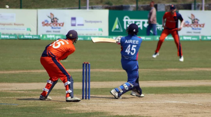 ऐरी र भुर्तेलको अर्धशतकमा नेदरल्याण्ड्सलाई नेपालको २ सय ७ रनको लक्ष्य