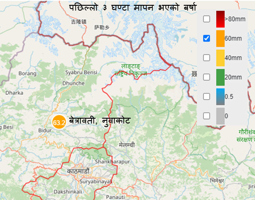 नुवाकोटको बेत्रावतीमा भारी वर्षा, सतर्कता अपनाउन आह्वान