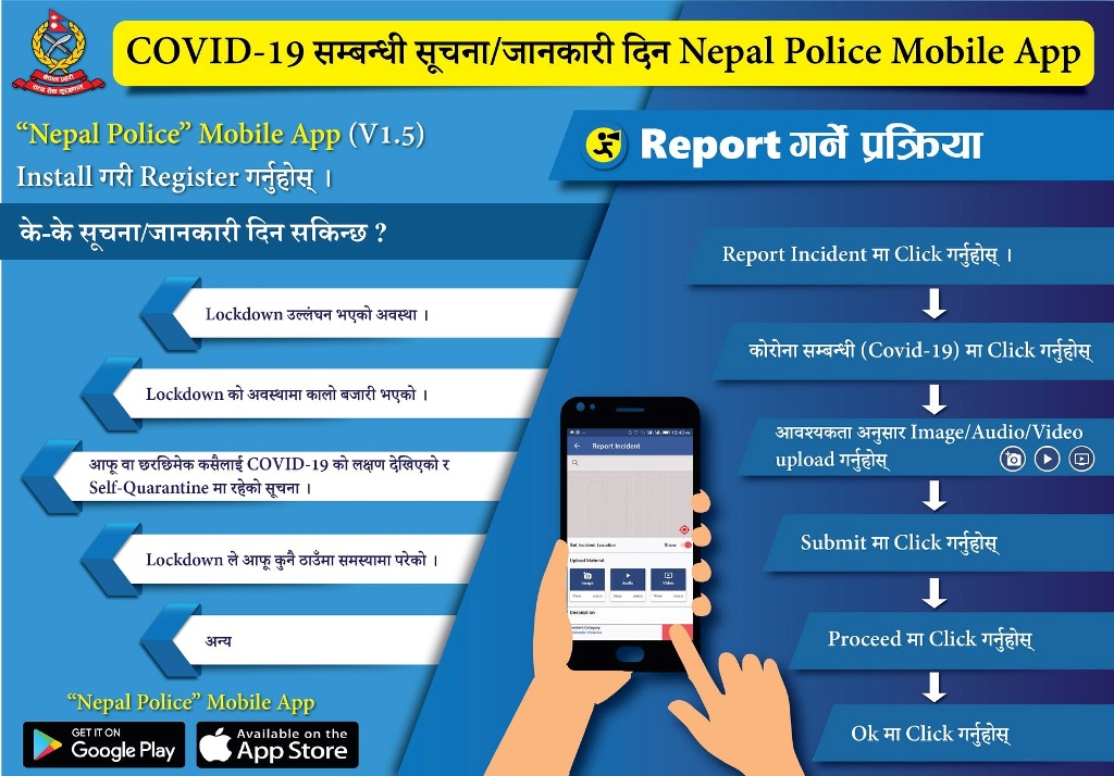 कोभिड-१९ बारे प्रहरीलाई सूचना दिन ‘नेपाल पुलिस मोबाइल एप’को प्रयोग गर्न सकिने