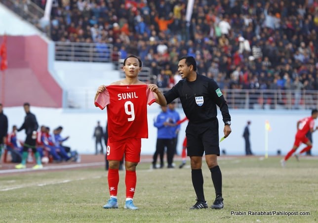 नेपाल vs भुटान : नेपाललाई २-१ को अग्रता, सुनिल बलले गरे गोल