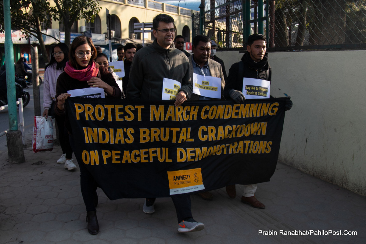 भारतमा शान्तिपूर्ण प्रदर्शनमाथि भएको दमनको विरोधमा काठमाडौंमा एम्नेस्टीको र्‍याली