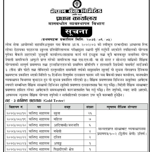 नेपाल बैंकमा ४७ जनाका लागि जागिर खुल्यो, प्लस टु उत्तीर्णले आवेदन दिन सक्ने