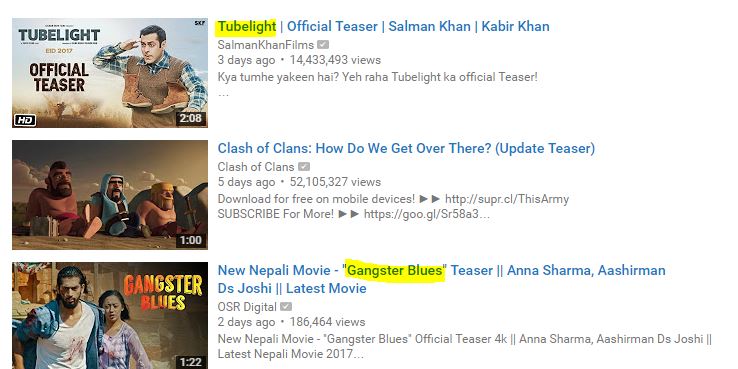 नेपालको युट्युब ट्रेन्डिङमा सलमानको 'ट्युबलाइट' भर्सेस 'ग्याङ्स्टर ब्लुज' 
