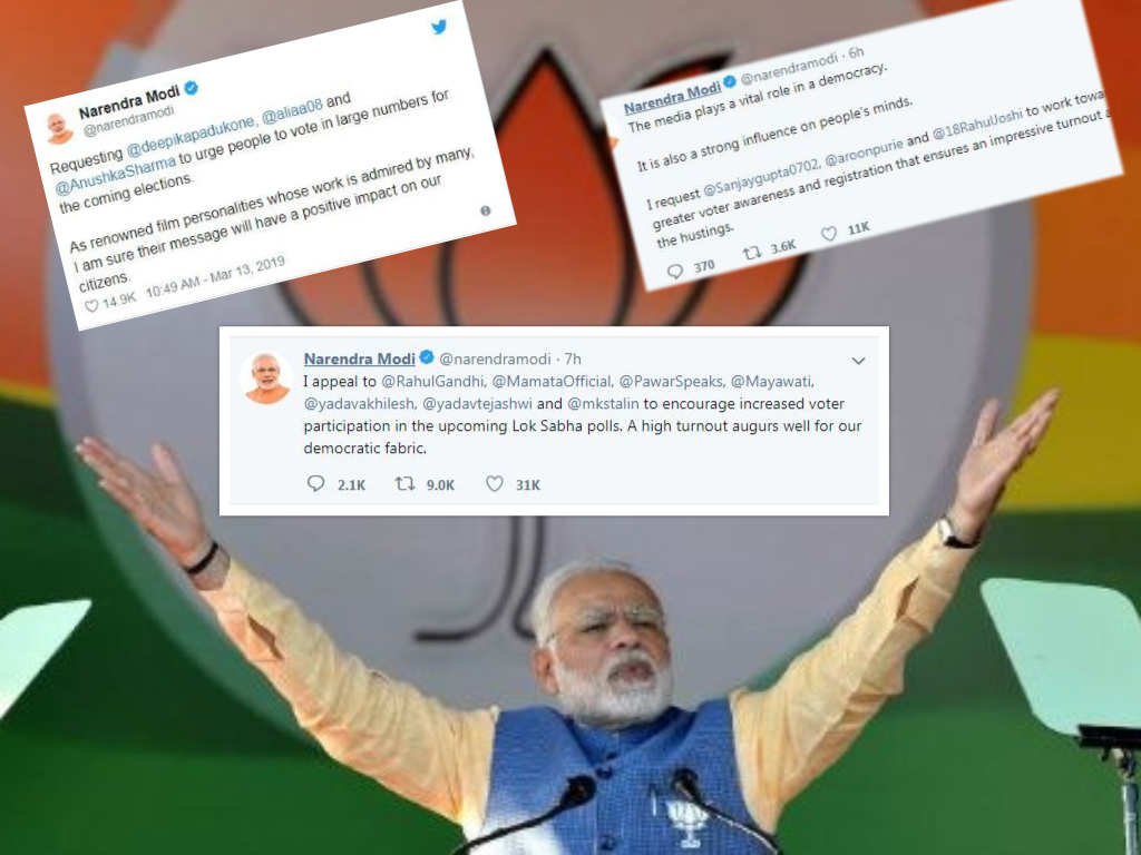निर्वाचनको संघारमा मोदीको ट्वीट रणनीति, राहुलदेखि आलियासम्मलाई मतदाता शिक्षामा लाग्न आह्वान
