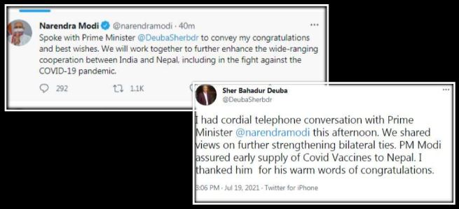 ट्विट कुटनीति : प्रधानमन्त्री देउवा र भारतीय समकक्षी मोदीबिच टेलिफोन कुराकानी
