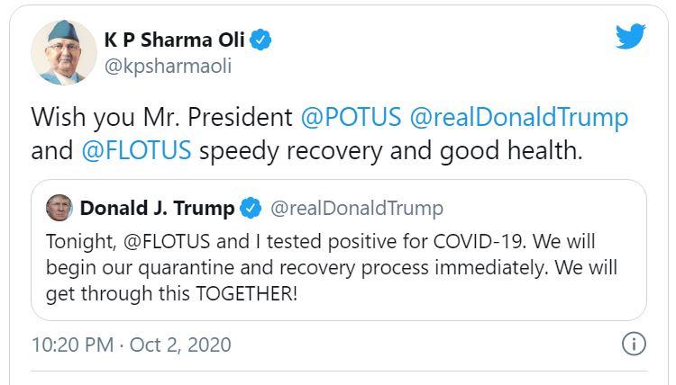 ट्रम्पलाई ओलीको स्वास्थ्यलाभको कामना