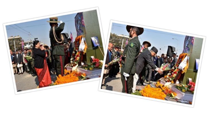 राष्ट्रपति भण्डारी र प्रधानमन्त्री देउवाद्वारा पृथ्वीनारायण शाहको शालिकमा माल्यार्पण
