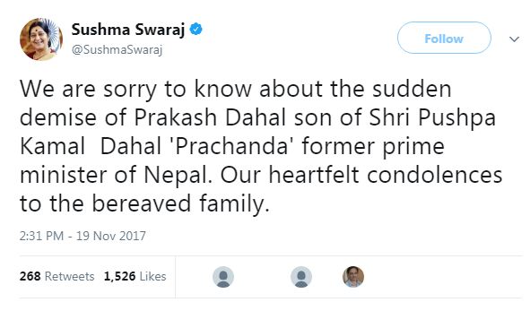 प्रकाश दाहालको निधनमा भारतीय विदेश मन्त्री सुष्मा स्वराजको श्रद्धाञ्जली