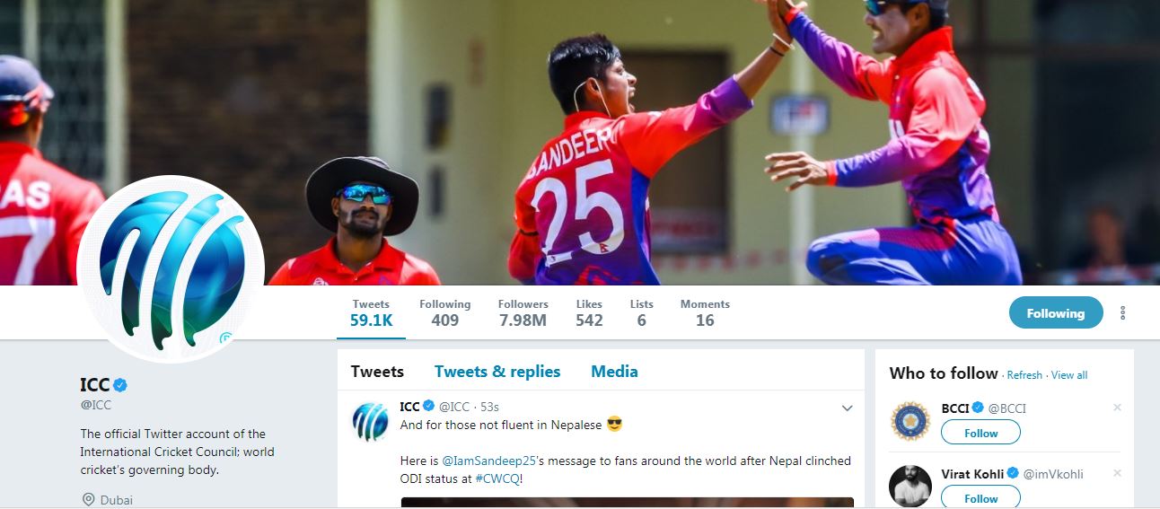 आइसिसीको आधिकारिक ट्विटरबाट नेपाली भाषामा ट्विट 